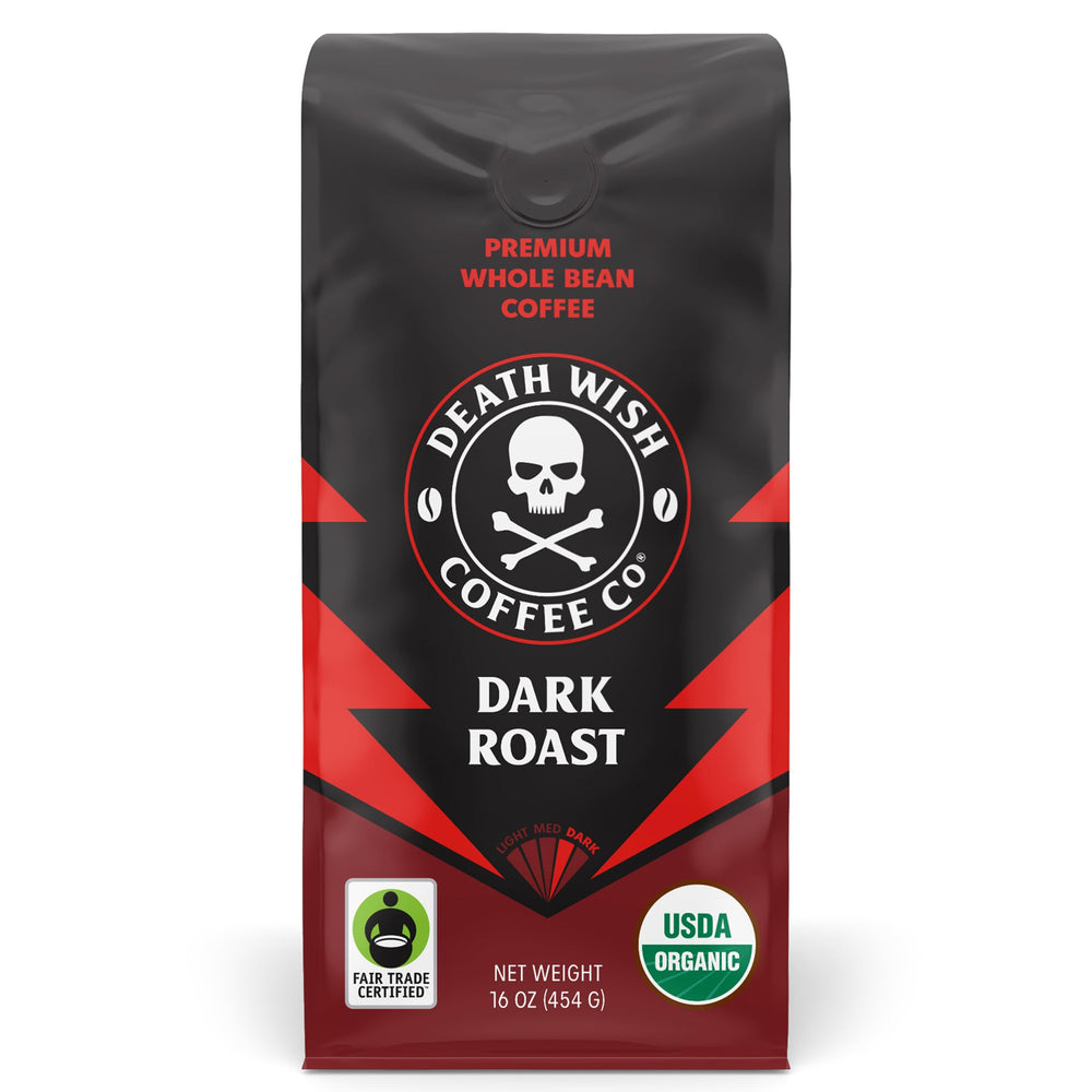 Death Wish Coffee front label shows bold dark roast and flavor promise.