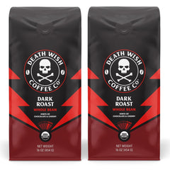 Death Wish Coffee dark roast whole beans in a 2-pack for bold mornings.