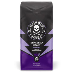 Death Wish Coffee Espresso Roast ground bag showing bold packaging for a morning boost