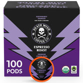 Death Wish Coffee Espresso Roast pod close-up, bold flavor for at-home baristas.