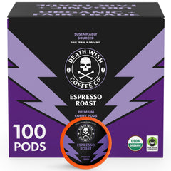 Death Wish Coffee Espresso Roast pod close-up, bold flavor for at-home baristas.