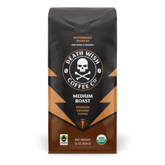 Death Wish Coffee ground 16 oz pack for bold morning brews.