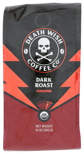 Death Wish Coffee Organic Dark Roast ground coffee bag showcases a bold aroma.