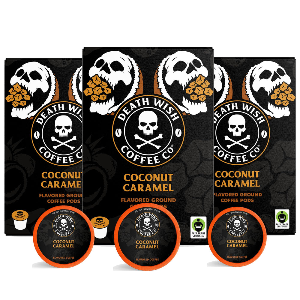Death Wish Coconut Caramel pods in the box front with bold aroma ready to energize mornings.