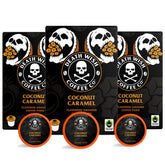 Death Wish Coconut Caramel pods in the box front with bold aroma ready to energize mornings.