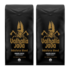 Death Wish Coffee Valhalla Java Odinforce bag with bold branding for premium dark roast.