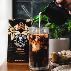 Death Wish Coffee Vanilla aroma-steam showcasing rich vanilla warmth for mornings.