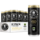 Death Wish Coffee Vanilla Latte can front view with bold energy and premium fair-trade coffee.