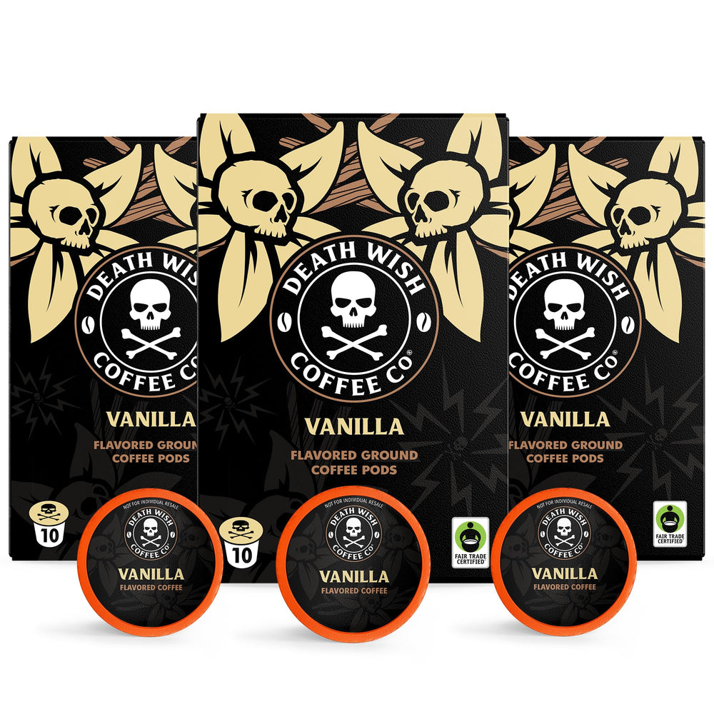 Death Wish Coffee vanilla pods box; bold flavor and convenient single serve.