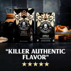 Death Wish Coffee vanilla pods mug brew highlights rich vanilla aroma.