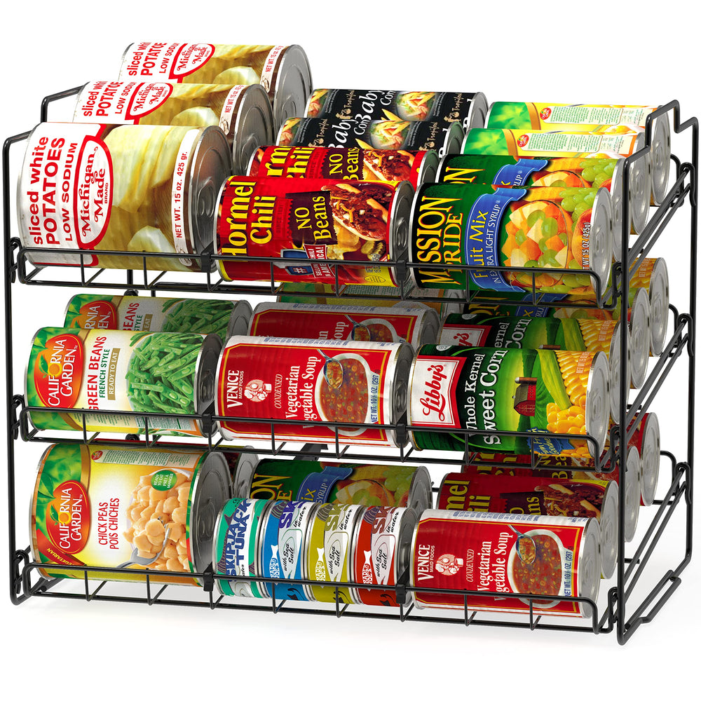 Deco Brothers stackable can rack front view, showcasing a compact three-tier pantry organizer.