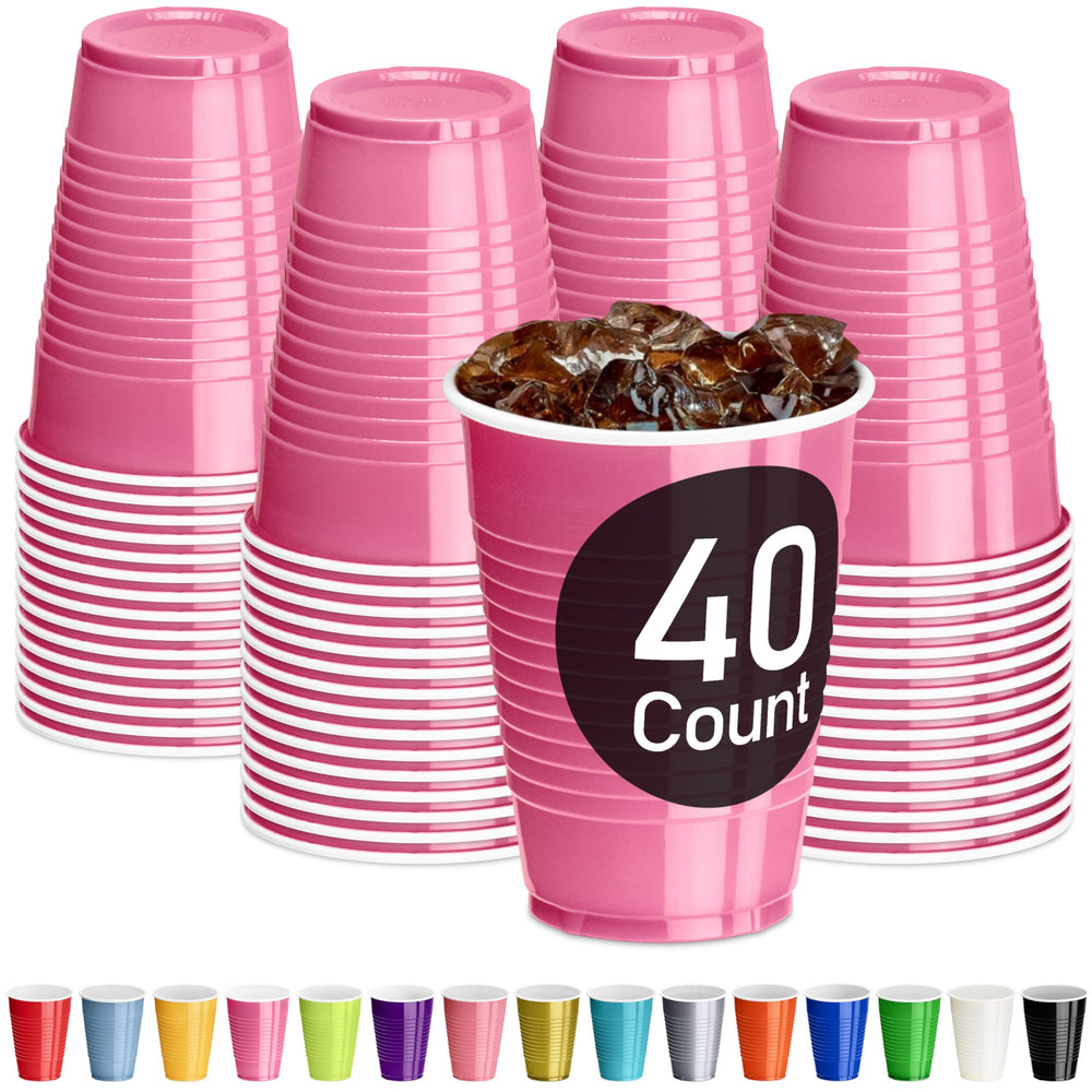 DecorRack pink plastic cups 12oz lined up, durable and party-ready.