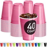 DecorRack pink plastic cups 12oz lined up, durable and party-ready.