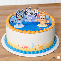 Muffin and Socks poly pic with DecoSet Bluey Dance Mode toppers for festive cakes