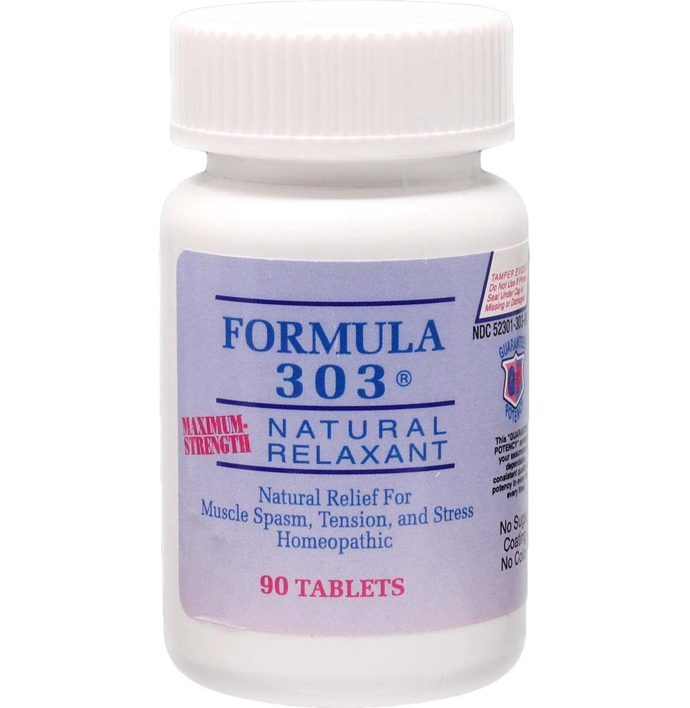 Dee Cee Laboratories Formula 303 tablets close-up, natural relaxation for occasional muscle tension.