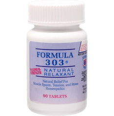 Dee Cee Laboratories Formula 303 tablets close-up, natural relaxation for occasional muscle tension.