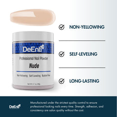 Swatch card for DeEnti nude powder showing rich pigment and smooth finish.