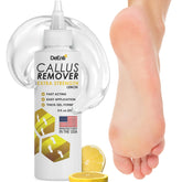 DeEnti Callus Remover bottle close-up shows lemon gel for at-home pedicure that softens rough skin.