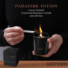 Deep Eden 7.4oz candle with wood wick glows for meditation and evenings