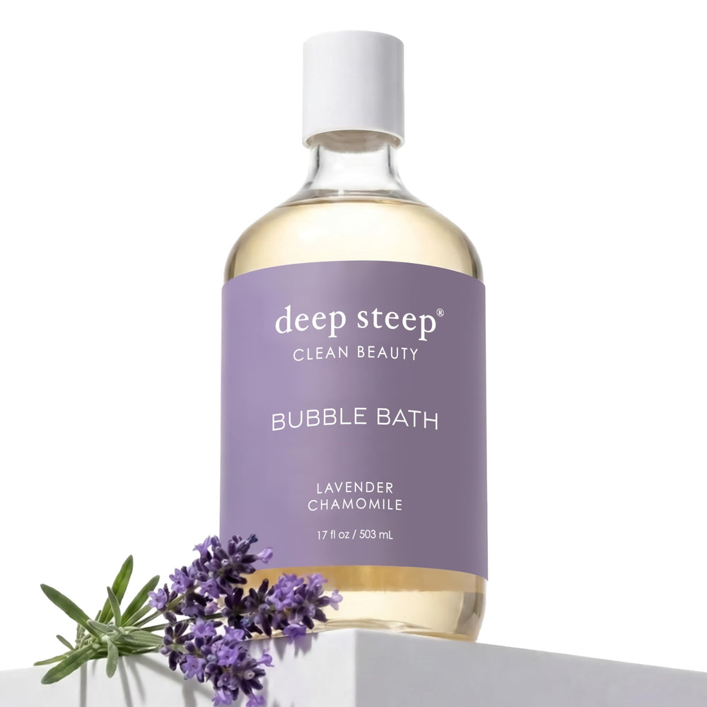 Deep Steep Lavender Chamomile Bubble Bath bottle highlights soothing hypoallergenic formula for sensitive skin