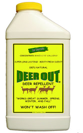 Deer Out 32oz concentrate bottle protecting plants from deer and wildlife.