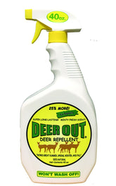 Deer Out 40oz bottle close-up with mint scent deters deer from garden plants