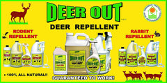 Deer Out ready-to-use refill in garden setting; safe around children and pets.