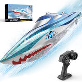 DEERC shark design on high‑speed RC boat enhances pool play and family racing