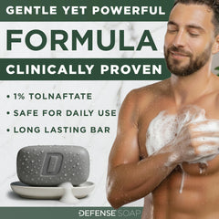 Defense Soap label closeup highlights medicated formula and daily use benefits.