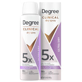 Degree Clinical 5X dry spray bottle shows fast-drying, long-lasting protection for daily wear.