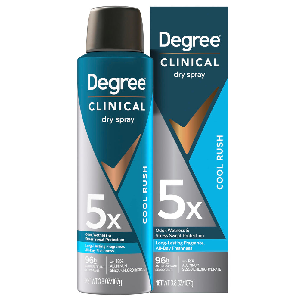Degree Clinical 5X bottle shows protection for all five sweat types.