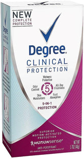 Degree Clinical Protection 5-in-1 antiperspirant bottle for daily sweat and odor control.
