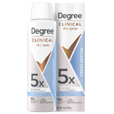 Degree Dry Spray Fresh Cotton front bottle offers 5X protection for all-day freshness.