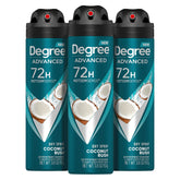 Degree Men Coconut Rush dry spray bottle shows tropical scent and long-lasting protection.