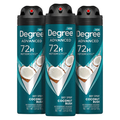 Degree Men Coconut Rush dry spray bottle shows tropical scent and long-lasting protection.