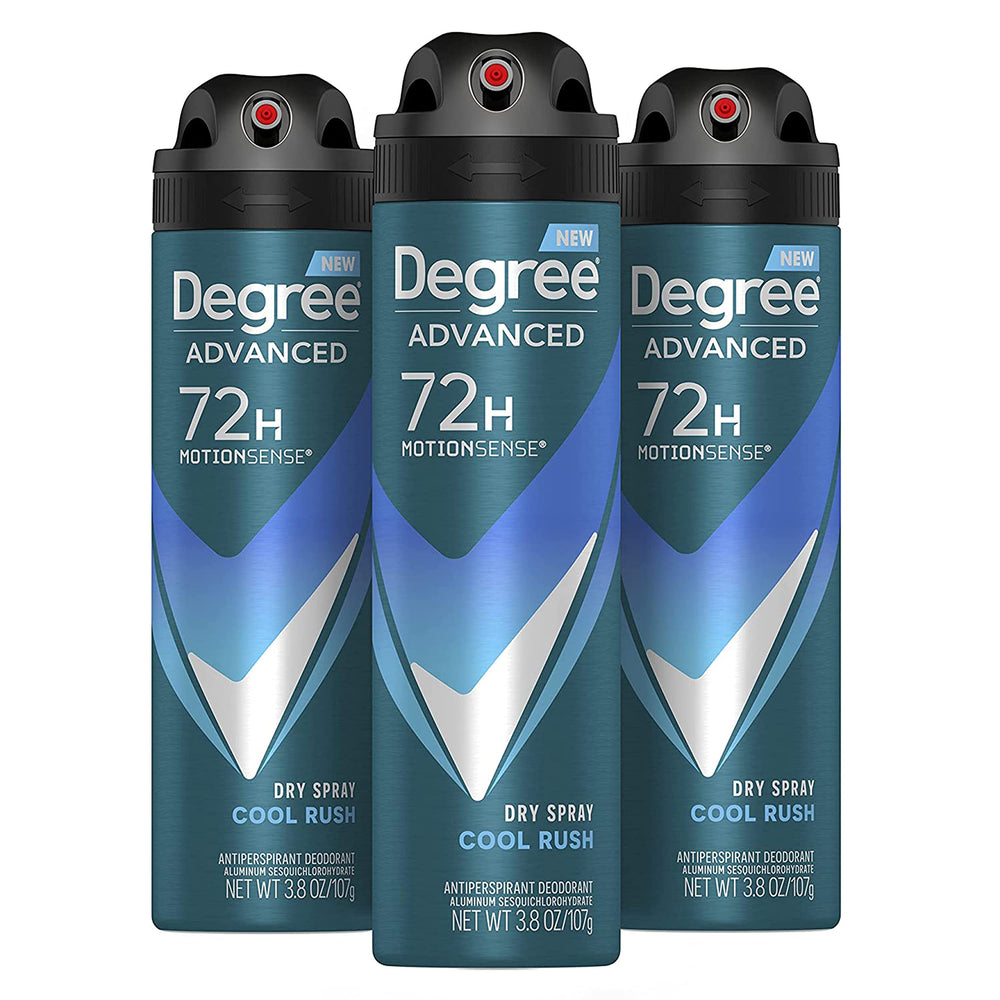 Degree Men Cool Rush dry spray bottle shows MotionSense ready design for active days