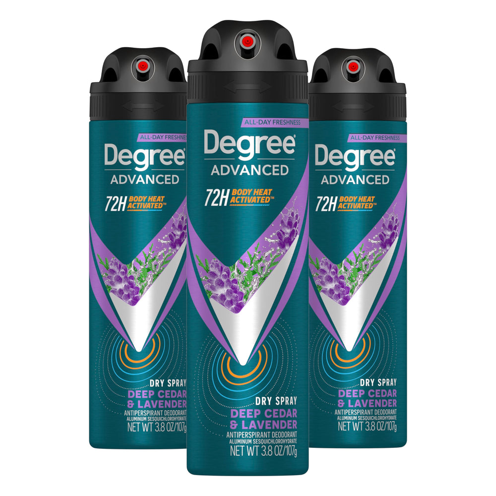 Degree Men Deep Cedar & Lavender dry spray can ready for instant protection.