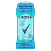 Degree Shower Clean antiperspirant stick being twisted for easy application and all-day freshness.