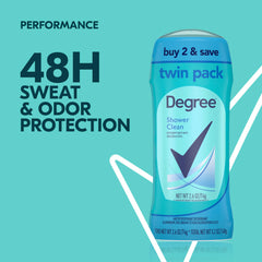 Degree Shower Clean antiperspirant stick close-up showing smooth glide for daily use.