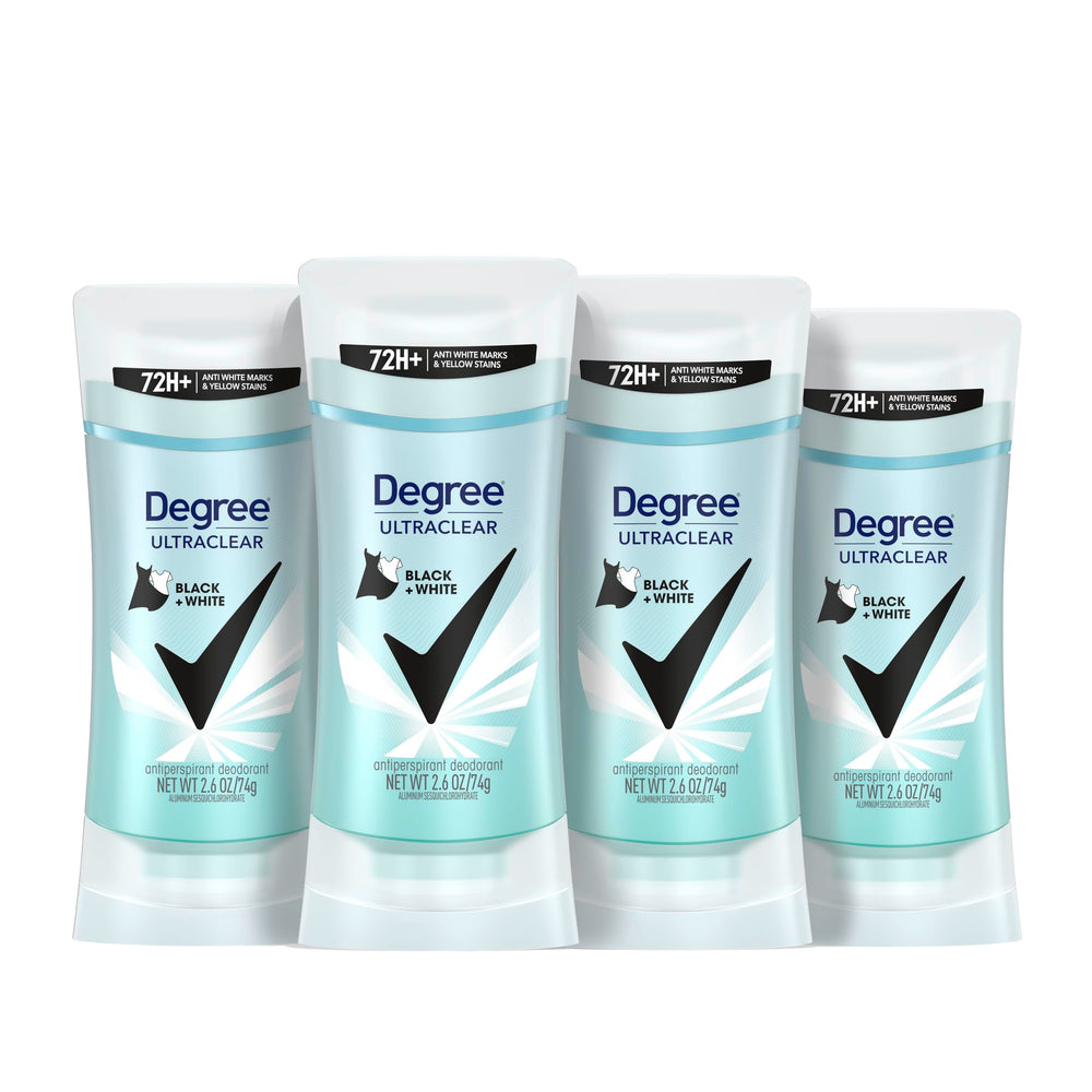 Degree UltraClear Black+White deodorant stick; four-pack showing protection against white marks on black fabric