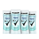 Degree UltraClear Black+White deodorant stick; four-pack showing protection against white marks on black fabric