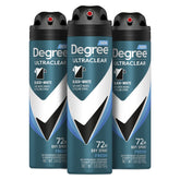 Degree UltraClear Black and White Fresh dry spray bottle showing instant dryness and stain protection.