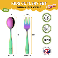 Dehov Rainbow toddler utensils set close-up engraving showing animal motifs.