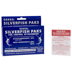 Dekko Silverfish Paks pack for indoor silverfish control in homes.