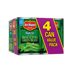 Del Monte green beans can front view, quick ready-to-heat side dish.