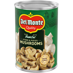 Non-GMO Del Monte Mushrooms Stems and Pieces label on canned product.
