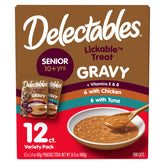Delectables Lickable Gravy Senior 10+ en poche pour chats ages, facile a servir.