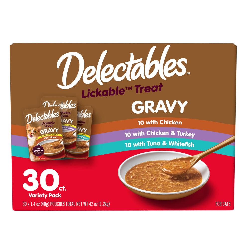 Delectables Lickable Treat Gravy variety pack in pouch delivering hydrating nutrition
