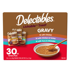 Delectables Lickable Treat Gravy variety pack in pouch delivering hydrating nutrition