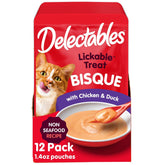 Delectables non-seafood bisque packaging shown for adult and senior cats.